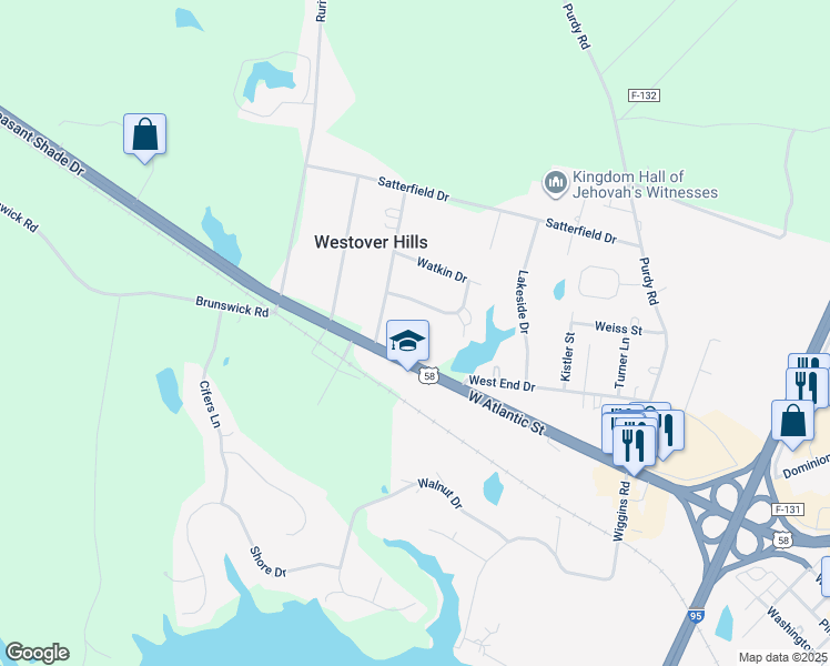 map of restaurants, bars, coffee shops, grocery stores, and more near 143 Pleasant Shade Drive in Emporia