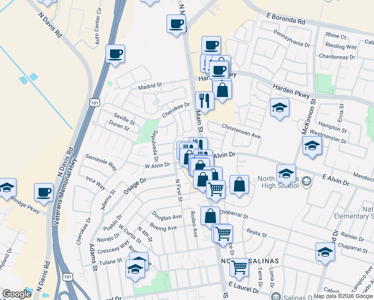 map of restaurants, bars, coffee shops, grocery stores, and more near 136 West Alvin Drive in Salinas