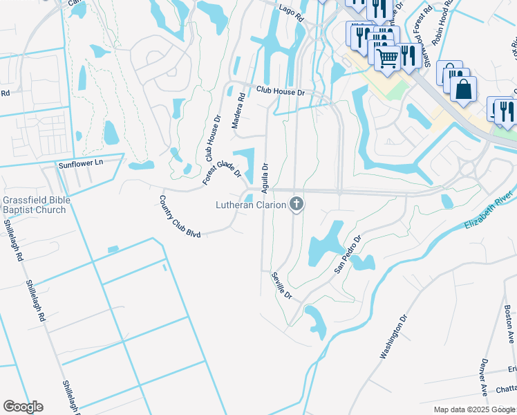 map of restaurants, bars, coffee shops, grocery stores, and more near 706 Aguila Drive in Chesapeake