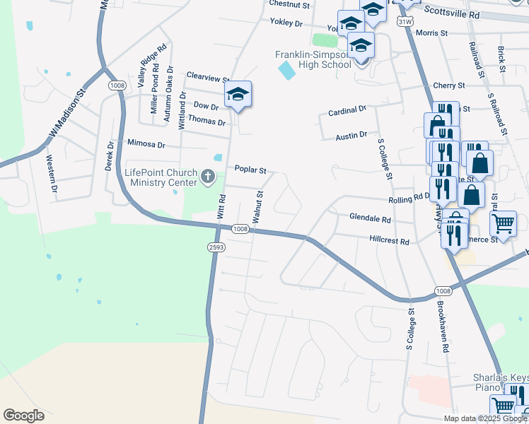 map of restaurants, bars, coffee shops, grocery stores, and more near 801-805 Walnut Street in Franklin