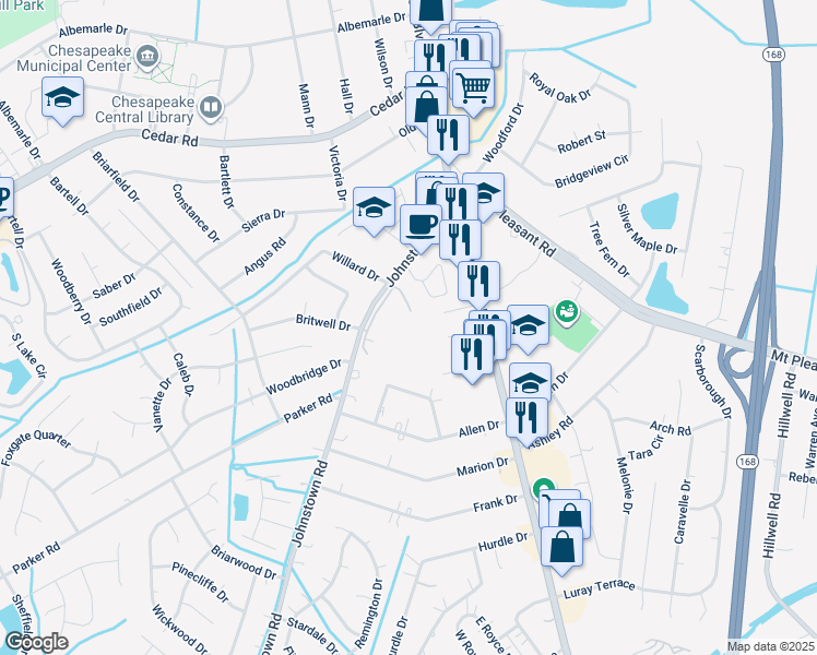 map of restaurants, bars, coffee shops, grocery stores, and more near 1 North Kingsbridge Place in Chesapeake