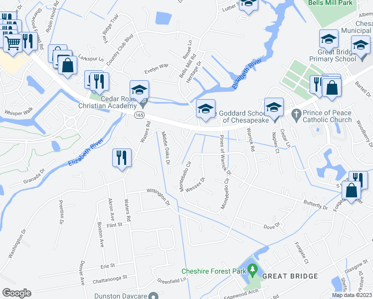 map of restaurants, bars, coffee shops, grocery stores, and more near 360 Faire Chase in Chesapeake