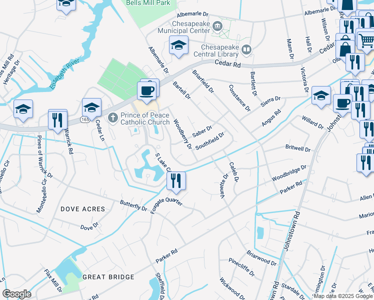 map of restaurants, bars, coffee shops, grocery stores, and more near 416 Woodberry Drive in Chesapeake