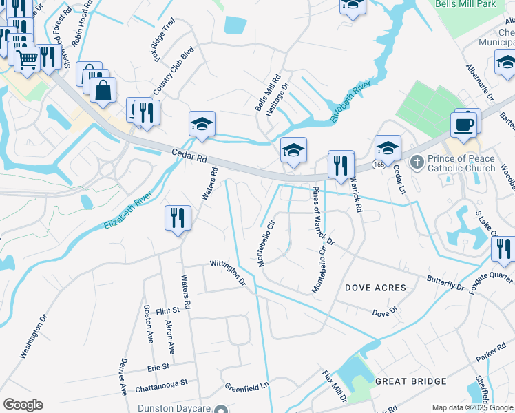 map of restaurants, bars, coffee shops, grocery stores, and more near 412 Faire Chase in Chesapeake
