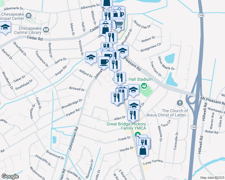 map of restaurants, bars, coffee shops, grocery stores, and more near 16 Williamsburg Square in Chesapeake