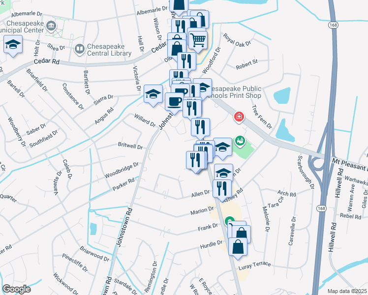 map of restaurants, bars, coffee shops, grocery stores, and more near 14 Williamsburg Square in Chesapeake