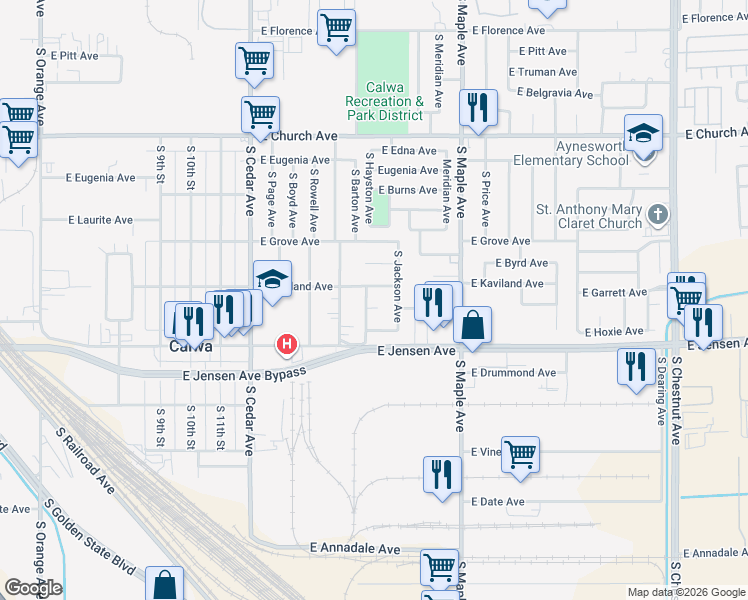 map of restaurants, bars, coffee shops, grocery stores, and more near 4521 East Garrett Avenue in Fresno
