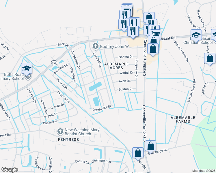 map of restaurants, bars, coffee shops, grocery stores, and more near 534 Currituck Drive in Chesapeake