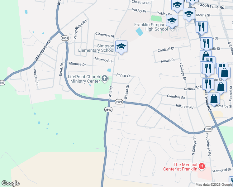 map of restaurants, bars, coffee shops, grocery stores, and more near Bluegrass Rd in Franklin