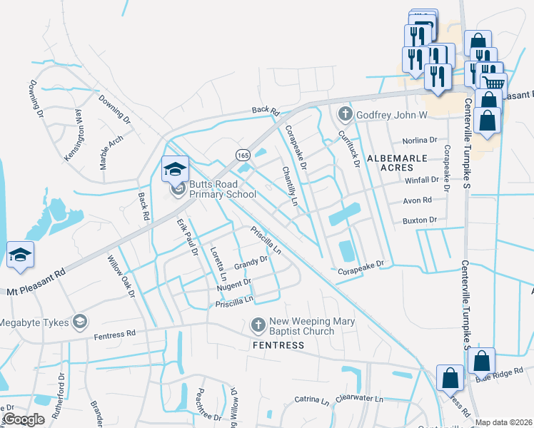 map of restaurants, bars, coffee shops, grocery stores, and more near 711 Tyler Way in Chesapeake