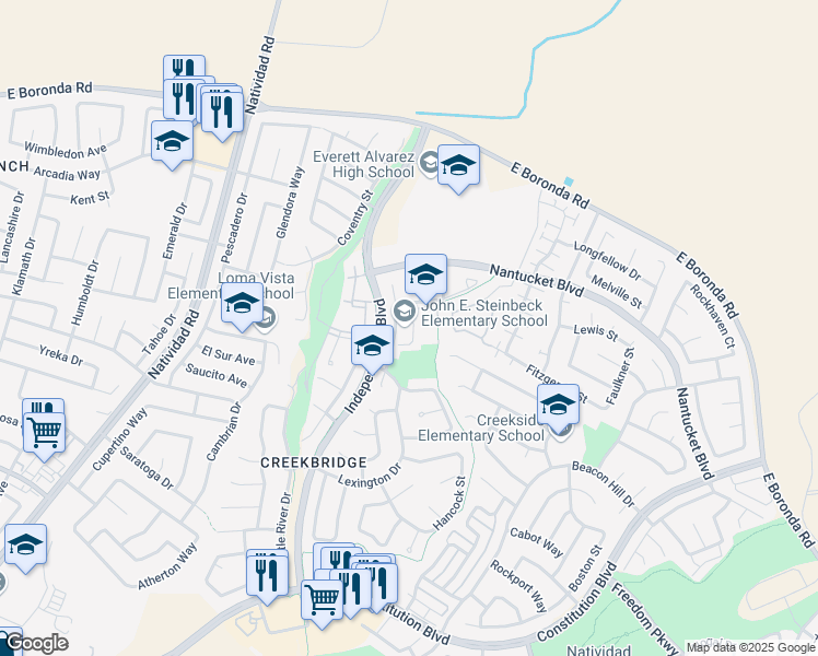 map of restaurants, bars, coffee shops, grocery stores, and more near 1714 Burlington Drive in Salinas