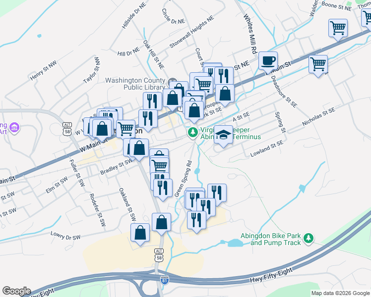 map of restaurants, bars, coffee shops, grocery stores, and more near 343 Gibson Street Southeast in Abingdon