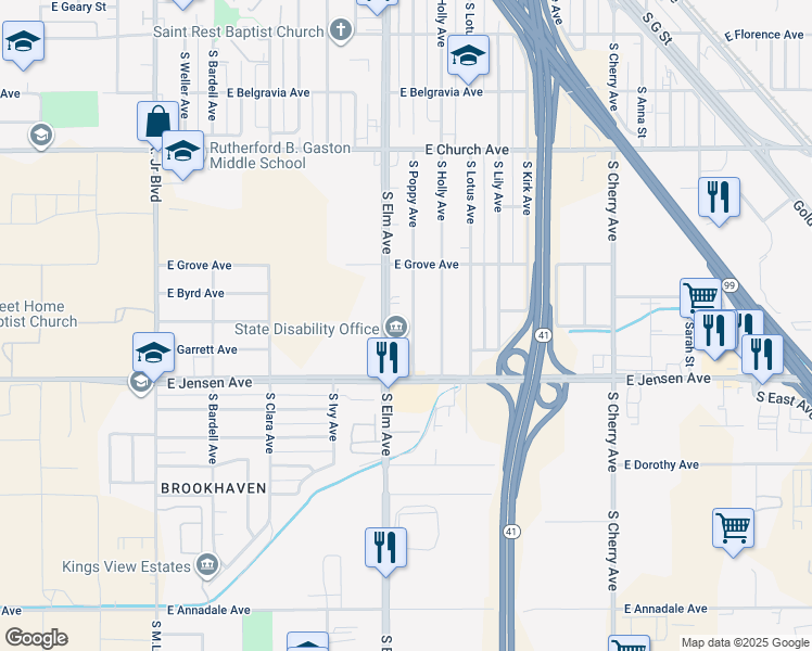 map of restaurants, bars, coffee shops, grocery stores, and more near 2554 South Poppy Avenue in Fresno