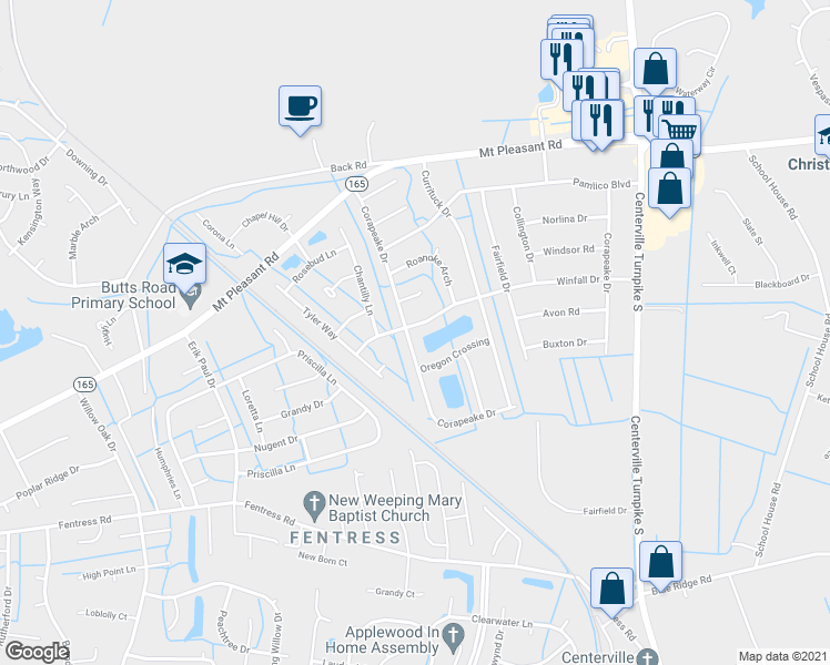 map of restaurants, bars, coffee shops, grocery stores, and more near 1301 Winfall Drive in Chesapeake
