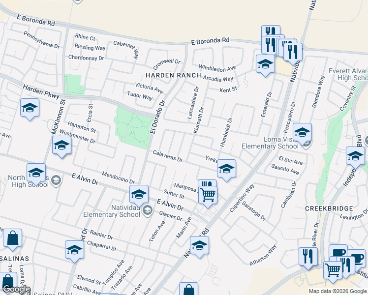 map of restaurants, bars, coffee shops, grocery stores, and more near 1617 Klamath Drive in Salinas