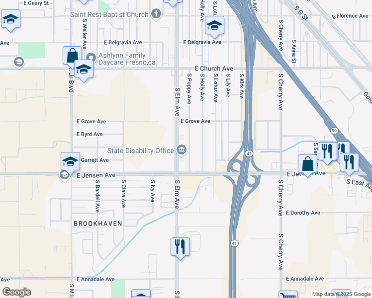 map of restaurants, bars, coffee shops, grocery stores, and more near 2555 South Elm Avenue in Fresno
