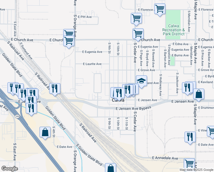 map of restaurants, bars, coffee shops, grocery stores, and more near 2571 South 9th Street in Fresno