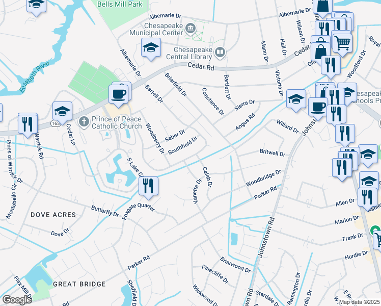 map of restaurants, bars, coffee shops, grocery stores, and more near 502 Caleb Drive in Chesapeake