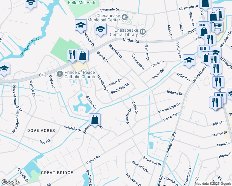 map of restaurants, bars, coffee shops, grocery stores, and more near 500 Copeland Drive in Chesapeake