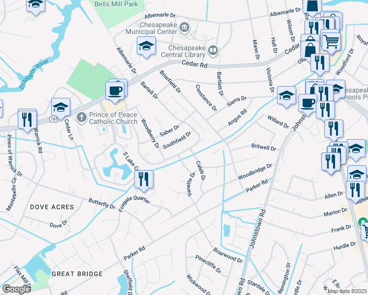 map of restaurants, bars, coffee shops, grocery stores, and more near 502 Caleb Drive in Chesapeake