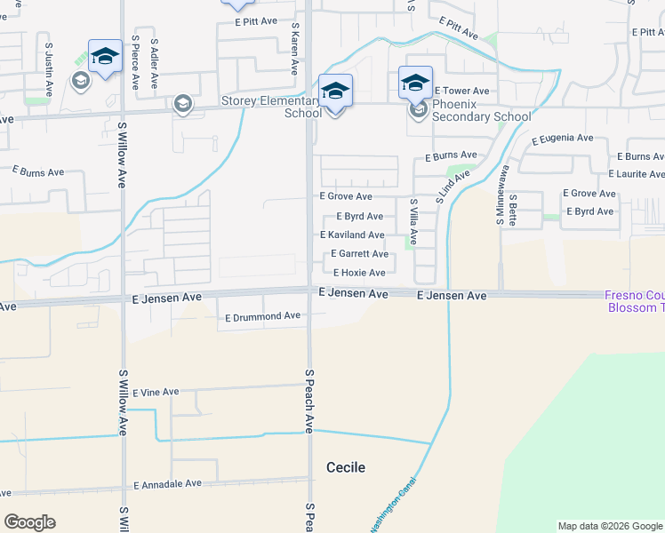 map of restaurants, bars, coffee shops, grocery stores, and more near 5212 East Hoxie Avenue in Fresno