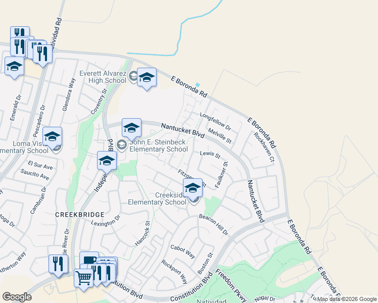 map of restaurants, bars, coffee shops, grocery stores, and more near 1851 London Way in Salinas