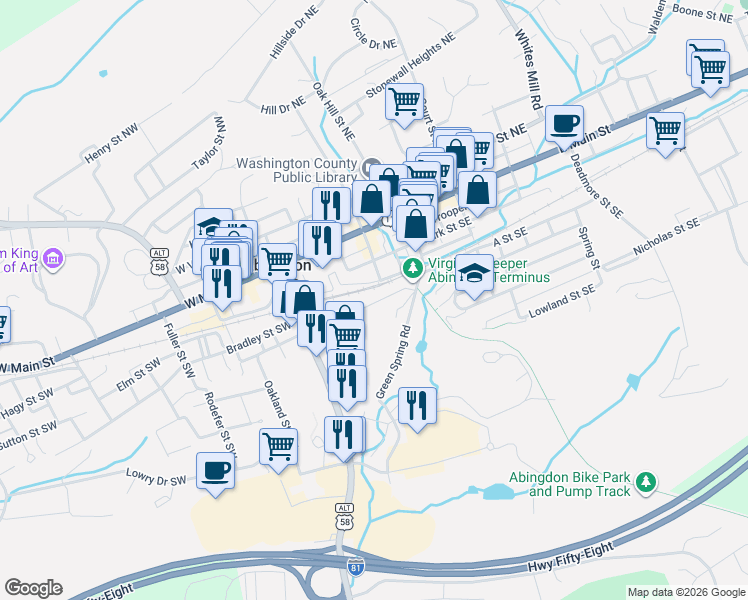 map of restaurants, bars, coffee shops, grocery stores, and more near 343 Gibson Street Southeast in Abingdon