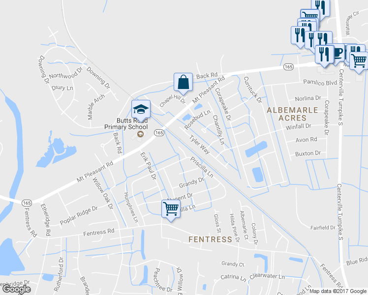 map of restaurants, bars, coffee shops, grocery stores, and more near 709 Merle Court in Chesapeake