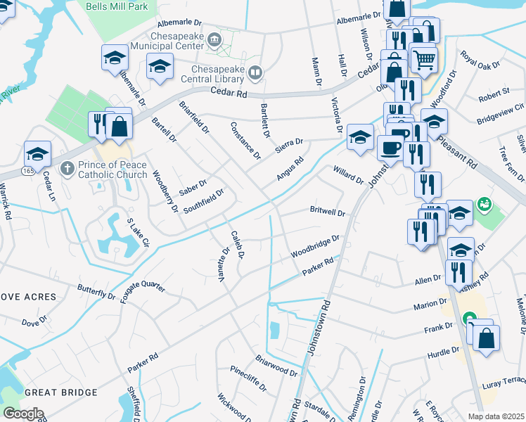 map of restaurants, bars, coffee shops, grocery stores, and more near 337 Willard Drive in Chesapeake