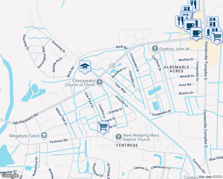 map of restaurants, bars, coffee shops, grocery stores, and more near 709 Merle Court in Chesapeake