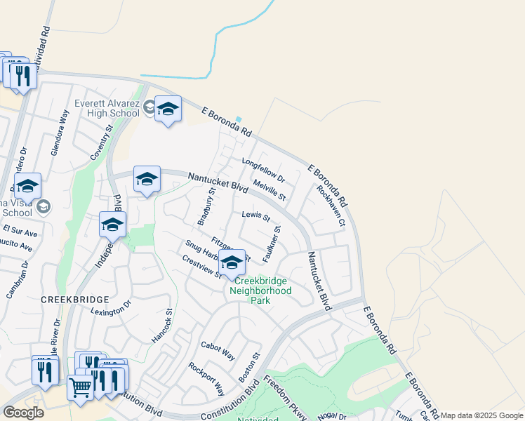 map of restaurants, bars, coffee shops, grocery stores, and more near 1 Eliot Circle in Salinas