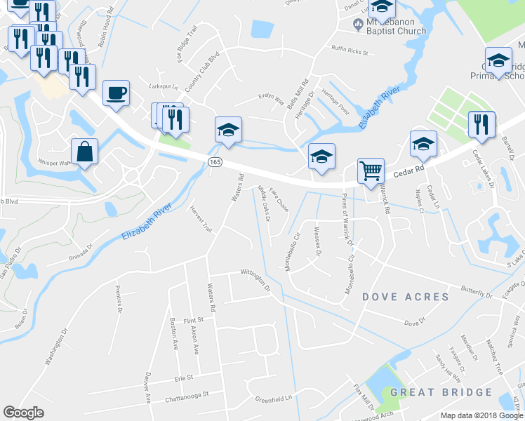 map of restaurants, bars, coffee shops, grocery stores, and more near 326 Middle Oaks Drive in Chesapeake