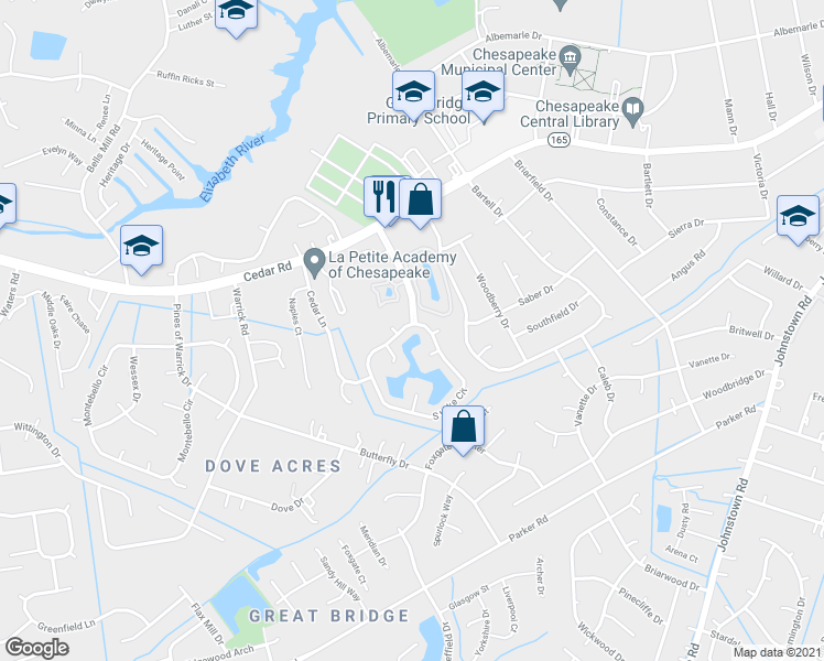 map of restaurants, bars, coffee shops, grocery stores, and more near 401 South Lake Circle in Chesapeake