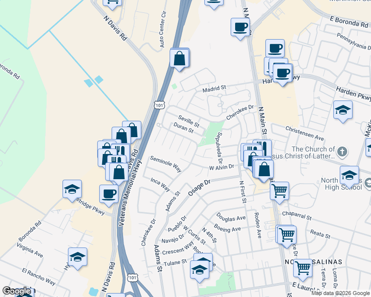 map of restaurants, bars, coffee shops, grocery stores, and more near 1547 Aragon Circle in Salinas