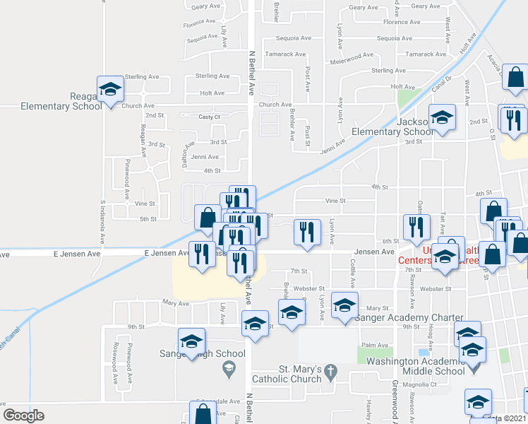 map of restaurants, bars, coffee shops, grocery stores, and more near 2546 5th Street in Sanger
