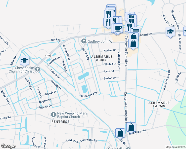 map of restaurants, bars, coffee shops, grocery stores, and more near 513 Currituck Drive in Chesapeake