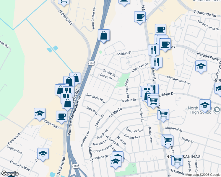 map of restaurants, bars, coffee shops, grocery stores, and more near 1515 Aragon Circle in Salinas