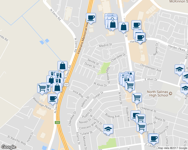 map of restaurants, bars, coffee shops, grocery stores, and more near 1515 Aragon Circle in Salinas
