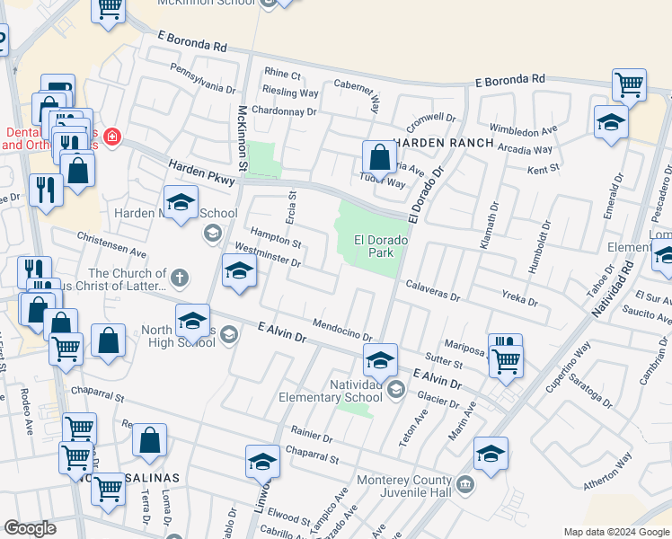 map of restaurants, bars, coffee shops, grocery stores, and more near 1569 Cambridge Court in Salinas