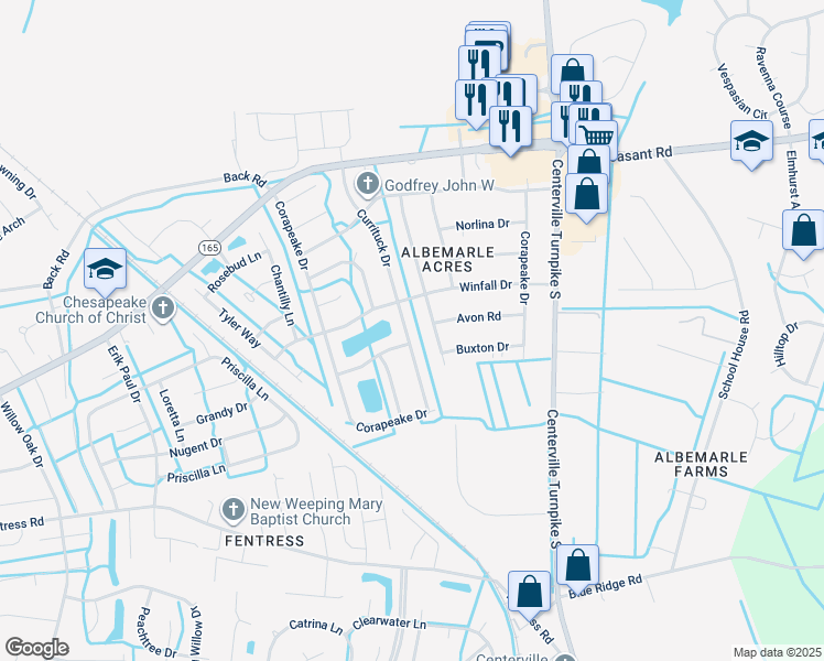 map of restaurants, bars, coffee shops, grocery stores, and more near 513 Currituck Drive in Chesapeake