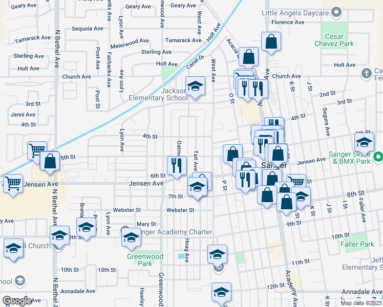 map of restaurants, bars, coffee shops, grocery stores, and more near 412 Oatman Avenue in Sanger
