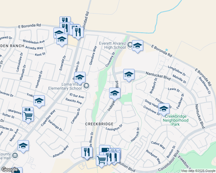 map of restaurants, bars, coffee shops, grocery stores, and more near 1763 Independence Boulevard in Salinas