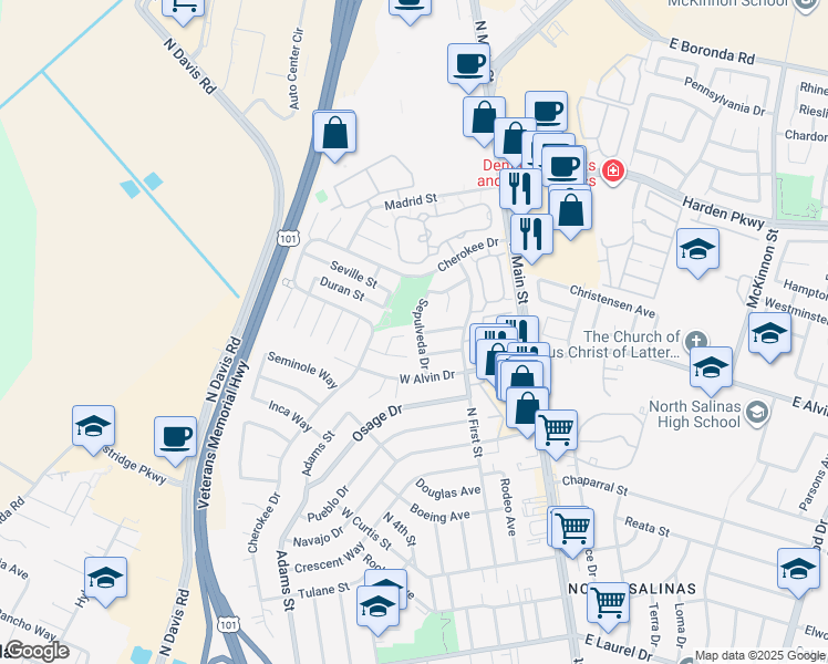 map of restaurants, bars, coffee shops, grocery stores, and more near 1538 Sepulveda Drive in Salinas