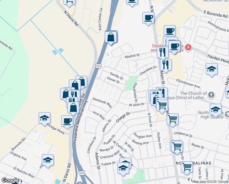 map of restaurants, bars, coffee shops, grocery stores, and more near 1558 Cherokee Drive in Salinas