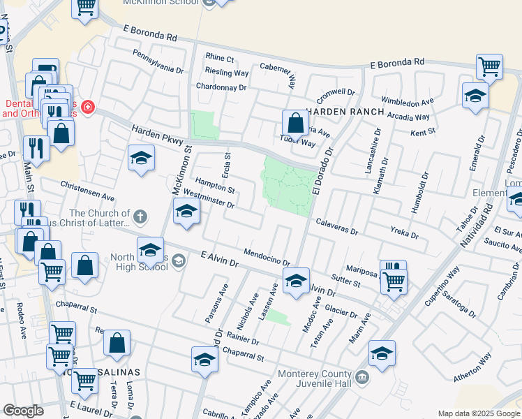 map of restaurants, bars, coffee shops, grocery stores, and more near 1569 Cambridge Court in Salinas