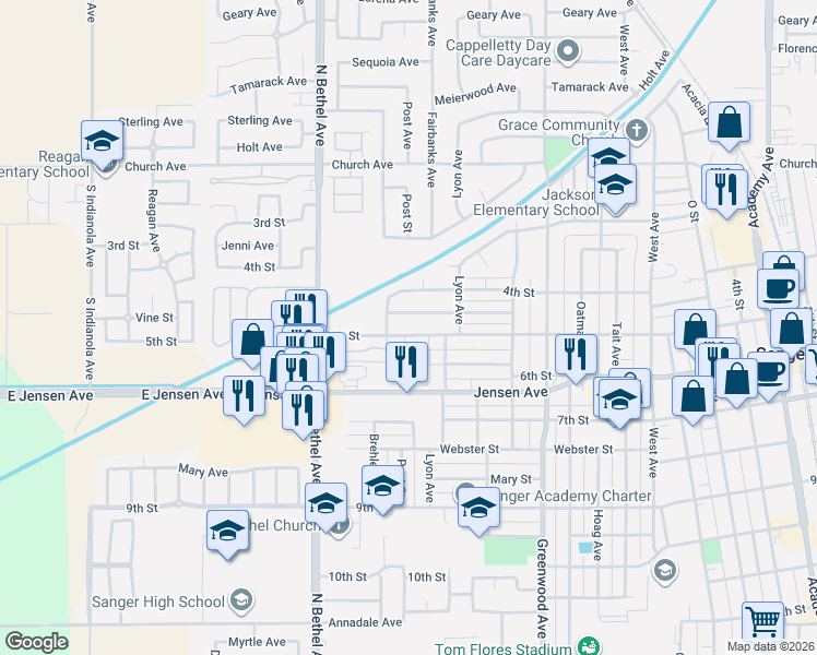 map of restaurants, bars, coffee shops, grocery stores, and more near 2428 5th Street in Sanger