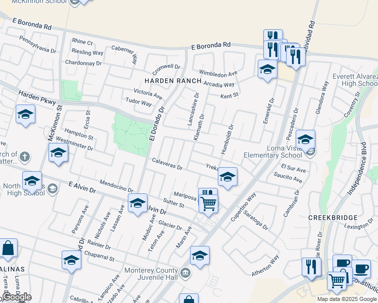 map of restaurants, bars, coffee shops, grocery stores, and more near 1661 Klamath Drive in Salinas