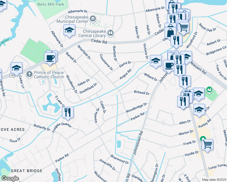 map of restaurants, bars, coffee shops, grocery stores, and more near 337 Willard Drive in Chesapeake