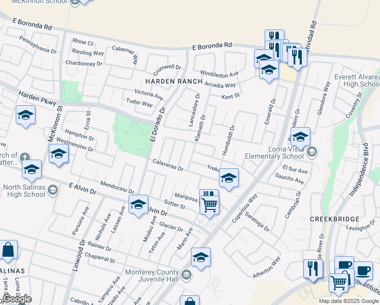 map of restaurants, bars, coffee shops, grocery stores, and more near 1661 Klamath Drive in Salinas