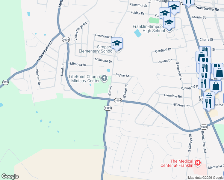 map of restaurants, bars, coffee shops, grocery stores, and more near 501-599 Beech St in Franklin